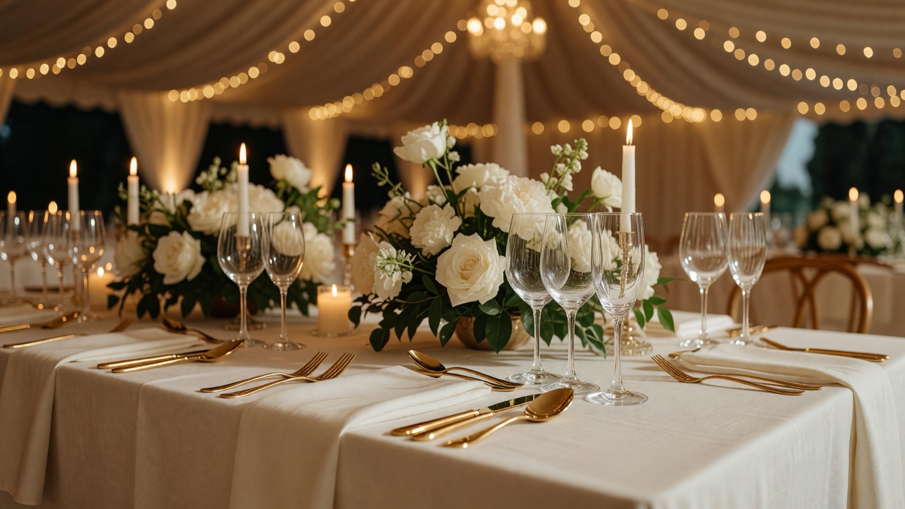 Mesa de boda con mantelería marfil, cubiertos dorados y centro floral
