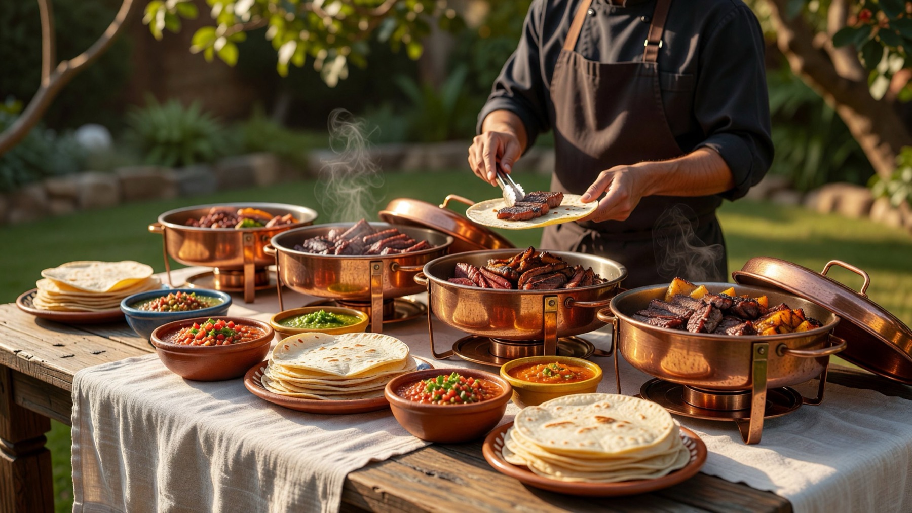 Taquiza y parrillada servida en un jardín