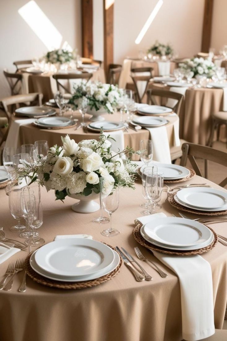 Mesas redondas con mantel beige y flores blancas